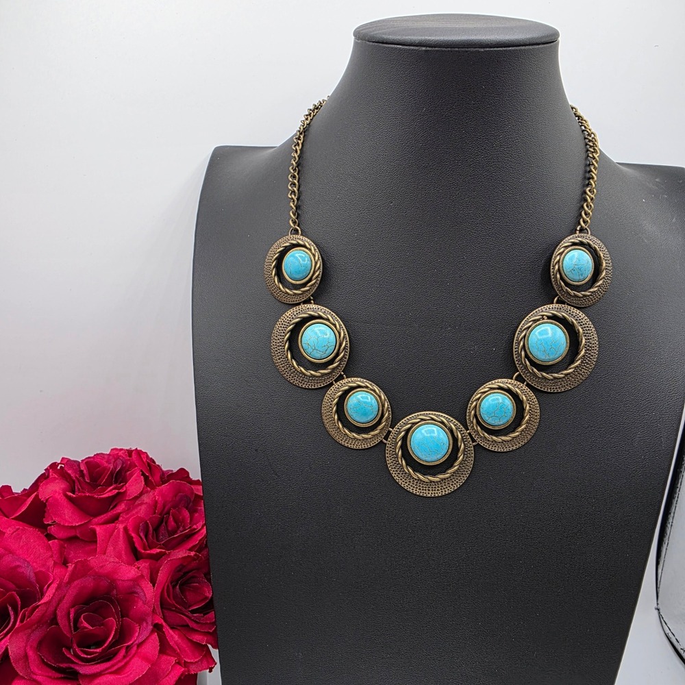 Bronze Tone Faux Turquoise Statement Bib Necklace Bohemian Southwestern Style